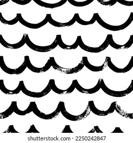 Brush drawn wave seamless pattern. Hand drawn vector linear ornament with sea motif. Abstract background for wallpaper, textile. Simple black and white ripple background. Oriental style pattern. 