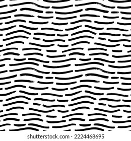 Brush drawn wavy lines seamless pattern. Vector wavy stripes ornament. Horizontal lines with scuffs. Modern abstract geometric pattern with grunge texture. Black and white ocean or sea ornament. 