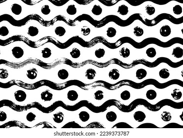 Brush drawn wavy lines seamless pattern. Repeating ripple texture. Abstract background with wavy brush strokes and circles. Horizontal curved bold lines texture. Abstract sea water vector pattern. 