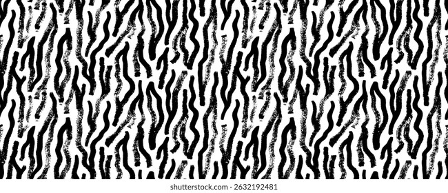Brush drawn zebra motif seamless pattern. Curved and wavy vertical stripes, bold brush strokes background. Graphic animal texture. Abstract grunge vector seamless banner design. Naive zebra wallpaper.