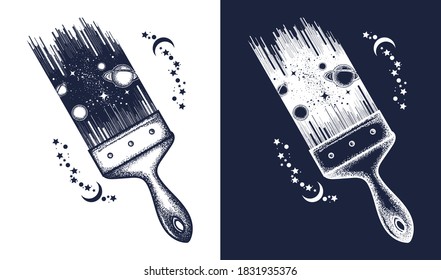 Brush draws universe tattoo and t-shirt design. Symbol of space, dream, imagination, creative idea. Black and white vector graphics 