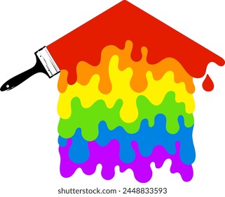 Pincel y gotas de pintura de colores, símbolo de pintar una casa