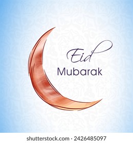 Brush Effect Cruve Moon on White and Blue Floral Background for Muslim Community festival of Eid Mubarak Festival.