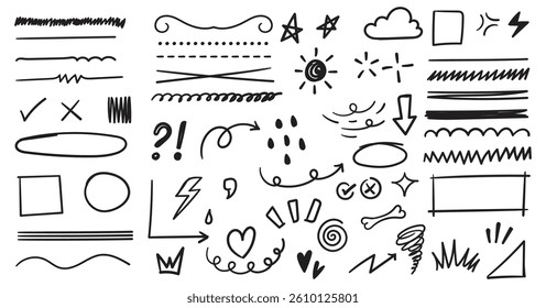 Brush element set, doodle line, arrow, pen stroke, crown, heart, cloud icon