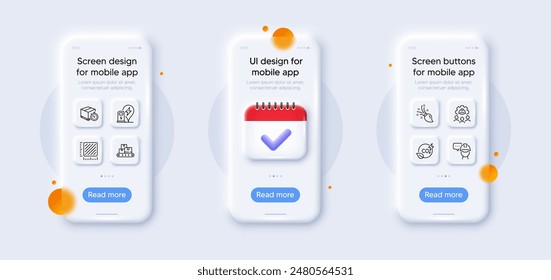 Brush, Engineering team and Wholesale goods line icons pack. 3d phone mockups with calendar. Glass smartphone screen. Charging station, Square meter, Foreman web icon. Vector