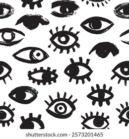 Brush eyes seamless pattern. Hand drawn eye, abstract doodle eyeball brushwork shapes, esoteric mystic ethnic modern texture. Vector wallpaper.