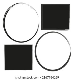 Brush figures of different shapes. Black and white frames. Edge frame. Brush texture. Vector illustration. stock image.