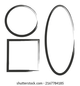 Brush figures of different shapes. Black and white frames. Edge frame. Brush texture. Vector illustration. stock image.