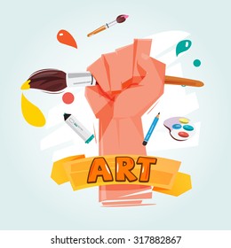 brush in fist hand. power of art concept. typographic design - vector illustration