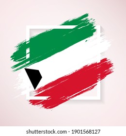 Brush flag of Kuwait with grunge abstract brush stroke on white frame background
