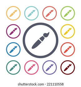 brush flat icons set. Open round colorful buttons. Vector 