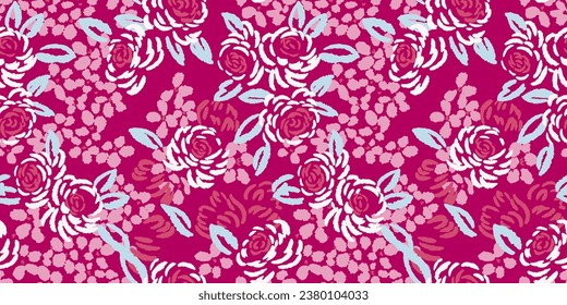 Brush floral roses seamless pattern Vector hand drawn. Artistic, abstract silhouettes of the shape of roses, flowers, leaves print on burgundy back. Design template, fabric, fashion, textile
