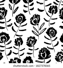 Ramas de flor de pincel vectorial sin fisuras. Ilustración de tinta botánica dibujada a mano, plantas abstractas. Flores silvestres pintadas con pincel. Impresión negra dibujada a mano para tela, papel envolvente, diseño de papel pintado