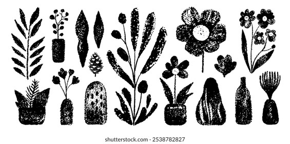 Brush flower. Hand drawn abstract vector. Floral ink paint. Crayon sketch simple plant. Black leaf silhouette. Line nature graphic. Doodle childish illustration. Daisy spring flower coal grunge tattoo