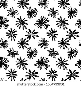 Brush flower vector seamless pattern. Hand drawn botanical ink illustration with floral motif. Camomile or daisy painted by brush. Hand drawn painting for your fabric, wrapping paper, wallpaper design