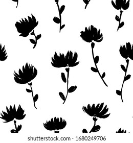 Brush flower vector seamless pattern. Hand drawn botanical ink illustration with floral motif. Camomile or daisy painted by brush. Hand drawn painting for your fabric, wrapping paper, wallpaper design