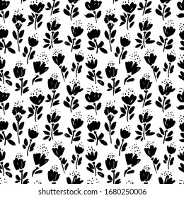 Brush flower vector seamless pattern. Hand drawn botanical ink illustration with floral motif. Camomile or daisy painted by brush. Hand drawn painting for your fabric, wrapping paper, wallpaper design
