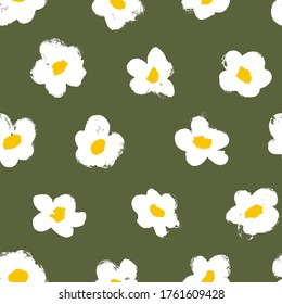 Brush flower vector seamless pattern. Camomile or daisy painted by brush. Hand drawn botanical ink illustration with floral motif. Hand drawn painting for your fabric, wrapping paper, wallpaper design