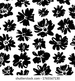 Brush flower vector seamless pattern. Hand drawn botanical ink illustration with floral motif. Camomile or daisy painted by brush. Hand drawn black print for fabric, wrapping paper, wallpaper design