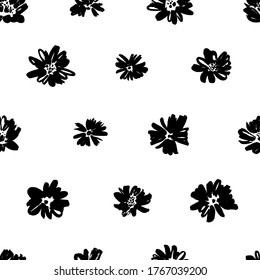 Brush flower vector seamless pattern. Hand drawn botanical ink illustration with floral motif. Camomile or daisy painted by brush. Hand drawn black print for fabric, wrapping paper, wallpaper design