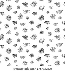 Brush flower vector seamless pattern. Hand drawn botanical ink illustration with floral motif. Camomile or daisy painted by brush. Hand drawn black print for fabric, wrapping paper, wallpaper design