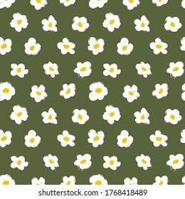 Brush flower vector seamless pattern. Camomile or daisy painted by brush. Hand drawn botanical ink illustration with floral motif. Hand drawn painting for your fabric, wrapping paper, wallpaper design