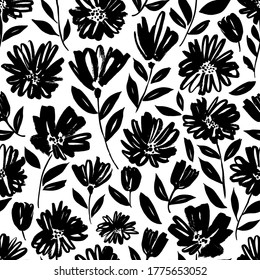 Brush flower vector seamless pattern. Hand drawn botanical ink illustration with floral motif. Camomile or daisy painted by brush. Hand drawn black print for fabric, wrapping paper, wallpaper design