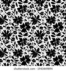 Brush flower vector seamless pattern. Hand drawn botanical ink illustration with floral motif. Chamomile or daisy painted by brush. Hand drawn black print for fabric, wrapping paper, wallpaper design