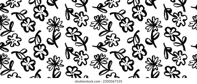 Brush flower vector seamless pattern. Hand drawn botanical ink illustration with floral motif. Chamomile or daisy painted by brush. Hand drawn black print for fabric, wrapping paper, wallpaper design