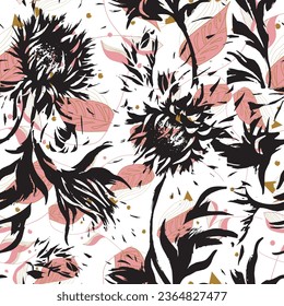 Brush flower vector seamless pattern. Hand drawn botanical ink illustration with floral motif. Chamomile or daisy painted by brush. Hand drawn black print for fabric, wrapping paper, wallpaper design
