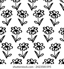 Brush flower vector seamless pattern. Hand drawn botanical ink illustration with floral motif. Good for fabric, wrapping paper, wallpaper design