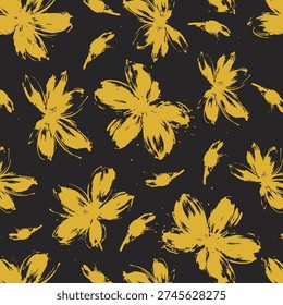 Brush flower vector seamless pattern. Hand drawn botanical ink illustration with floral motif. Camomile or daisy painted by brush. Hand drawn painting for your fabric, wrapping paper, wallpaper design
