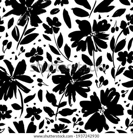 Brush flower vector seamless pattern. Hand drawn botanical ink illustration with floral motif. Chamomile or daisy painted by brush. Hand drawn black print for fabric, wrapping paper, wallpaper design