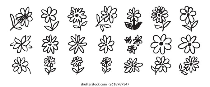 brush flowers daisies or camomile doodle hand drawn icon set. Outline drawing flower line clipart symbol collection. Vector illustration