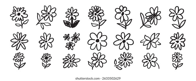 brush flowers daisies or camomile doodle hand drawn icon set. Outline drawing flower line clipart symbol collection. Vector illustration