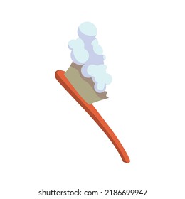 Brosse avec un objet vectoriel en mousse semi-plat couleur. Fournitures de nettoyage. Outil et détergent. Élément de taille complète sur blanc. Illustration simple de style de dessin humoristique pour la conception graphique et l'animation de sites web