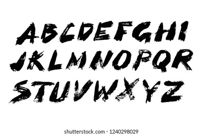 Brush Font. Alphabet from paintbrush strokes. Distress texture ABC. Grunge design elements. Display English letters. Handwritten symbols. Vector hand drawn type.