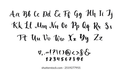 Brush font, alphabet set with lowercase and uppercase symbols, numbers. Handwritten typography set