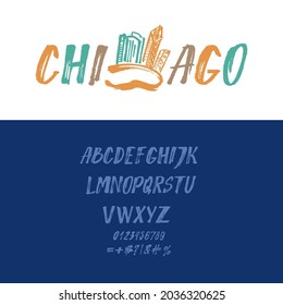 Brush font design, trendy alphabet letters and numbers vector illustration. Chicago logo.