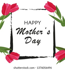Brush frame with red, pink tulips. Happy Mother's Day with white background greeting card