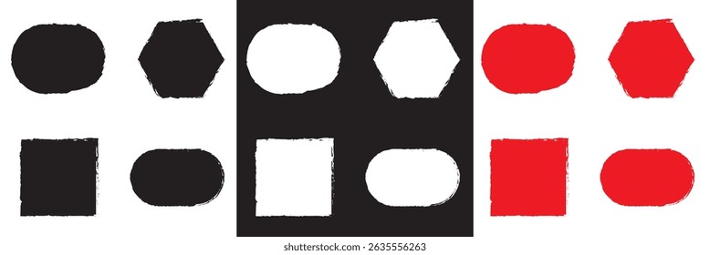 Brush frame rough  box shape set. Text box frame rough grunge style.  paint shape element. Hand drawn texture grunge brush  text border.  Vector illustration. isolated on white and black background. 