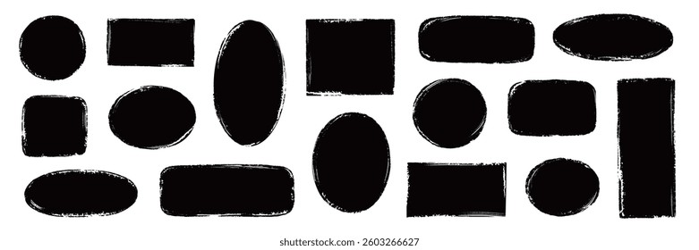 Brush frame rough rectangle box shape set. Text box frame rough grunge square, oval paint shape element. Hand drawn texture grunge brush rectangle, circle round text border. Vector illustration