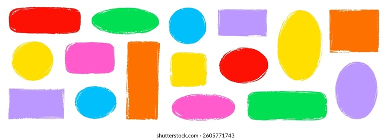 Brush frame rough rectangle box shape set. Text box frame rough grunge square, oval paint shape element. Hand drawn texture grunge brush rectangle, circle round text border. Vector illustration