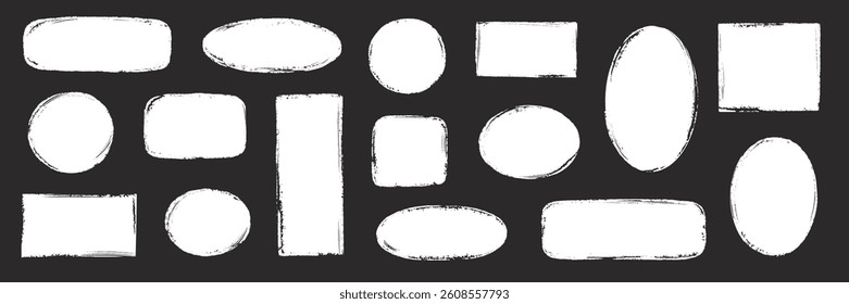 Brush frame rough rectangle box shape set. Text box frame rough grunge square, oval paint shape element. Hand drawn texture grunge brush rectangle, circle round text border. Vector illustration