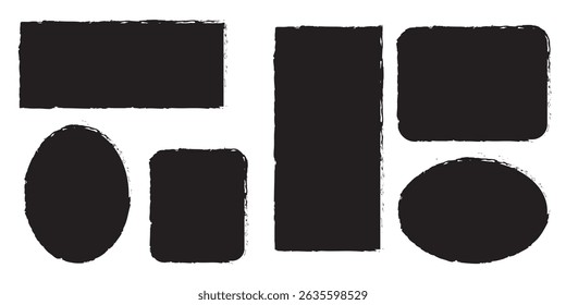Conjunto de formas de caixa de retângulo bruto do quadro do pincel. Quadro de caixa de texto grunge quadrado áspero, elemento de forma de pintura oval.  Quadro de caixa de texto grunge quadrado áspero, forma de pintura oval . 