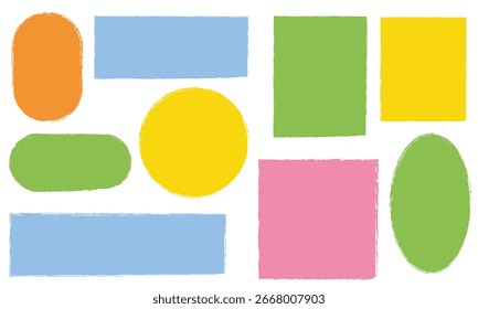 Retângulo bruto do quadro do pincel, conjunto de formas da caixa de círculo. Coleção de formas geométricas coloridas com bordas ásperas desenhadas à mão, incluindo círculos, retângulos e ovais em um fundo.
