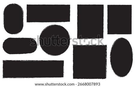 Brush frame rough rectangle, circle box shape set. Collection of black geometric shapes with hand drawn rough edges, including circles, rectangles, and ovals on a  white background.