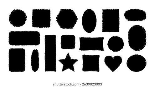 Brush frames. Rough textured grunge black silhouette in geometric shapes, square and oval, star. Hand drawn distressed elements for modern graphic layouts, sticker and vintage label. Vector set.