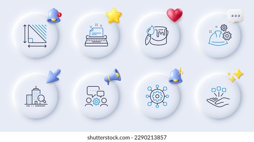 Brush, Framework and Inspect line icons. Buttons with 3d bell, chat speech, cursor. Pack of Typewriter, Working process, Engineering team icon. Consolidation, Triangle area pictogram. Vector