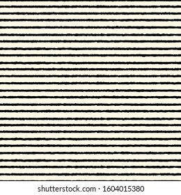 Brush freehand stripes seamless pattern. Thin rough edge ink lines print. Repeated horizontal strokes wallpaper. Simple classic geometric motif. Trendy grunge design. Vector abstract modern background